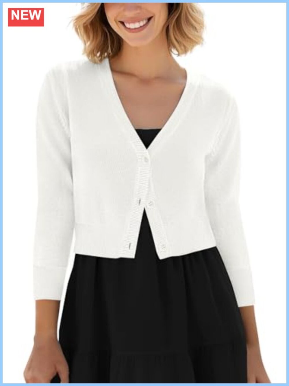 Cropped Cardigan V-Neck Button Down Knitted Sweater 3/4 Sleeve